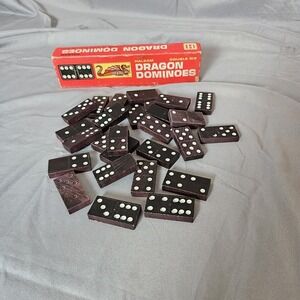 Vintage Halsam Dragon Dominoes Double‎ Six Wood Set w/ Box Complete 29 Pieces